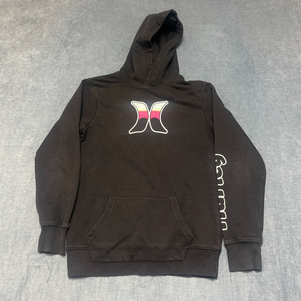 Hurley Hoodie Boys L 12-13 Black Palm Tree Graphic Fleece Lined Ribbed Hem Cozy